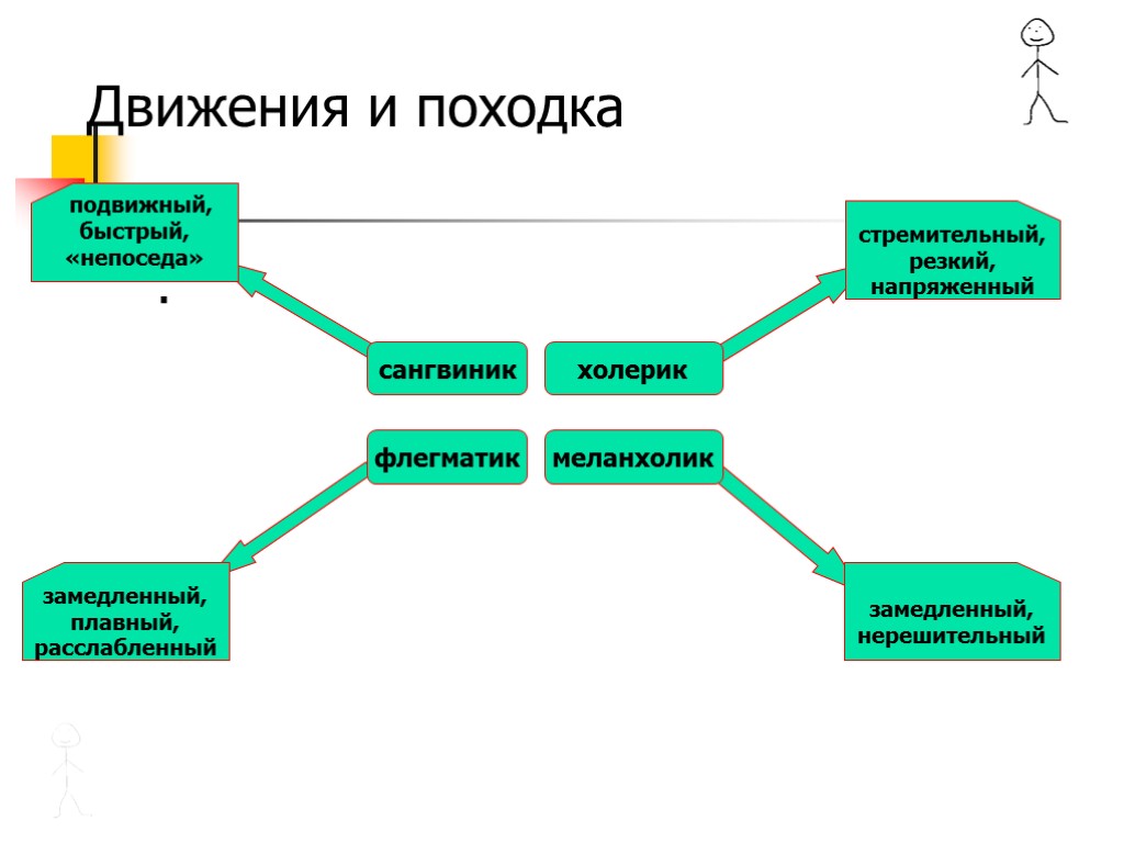 . Движения и походка сангвиник холерик флегматик меланхолик стремительный, резкий, напряженный подвижный, быстрый, «непоседа»